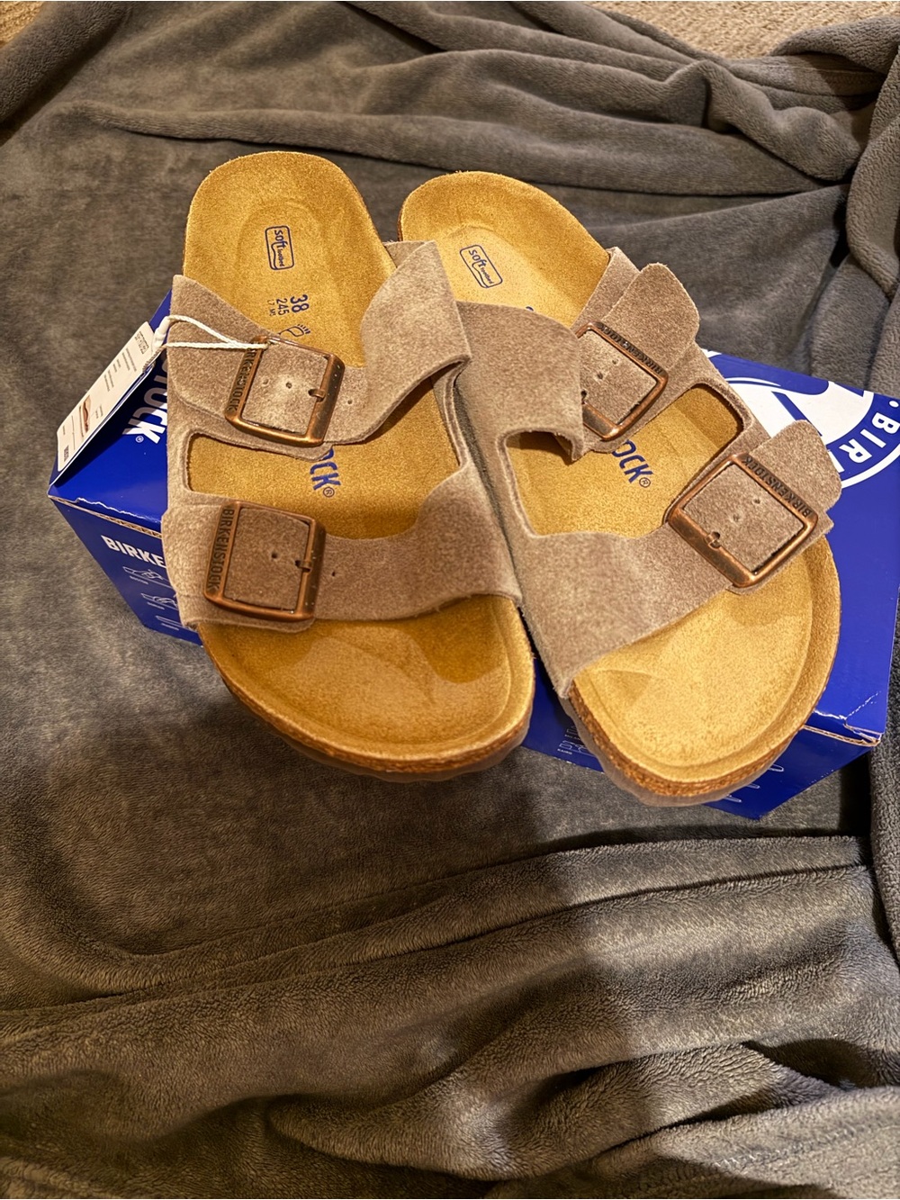 Birkenstock  Two‑Strap Suede Sandals in Taupe Brown